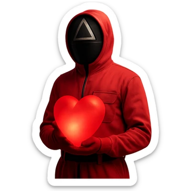 Edit the image of a masked guard from Squid Game series in a pink jumpsuit holding a large glowing red heart that emits a soft light. Keep the original style and minimal background with dramatic lighting. Remove the background entirely. sticker