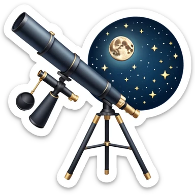 An icon featuring a telescope, stars, and a planet, symbolizing astronomy. The design includes a crescent moon, distant galaxies, and constellations, representing the study of space and celestial bodies. Transparent background highlights the exploration of the universe and cosmic phenomena. sticker