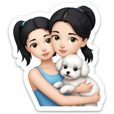 One long face girl with straight black hair in a ponytail，hugging one Bichon frise sticker