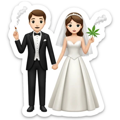 A bride in white wedding dress and groom in tuxedo, full body, smoking cannabis together sticker