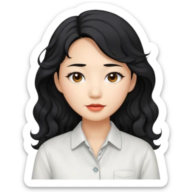 Asian woman, black hair, long permed wavy hair, white button-up shirt, flat colors, transparent background. sticker