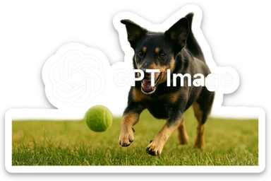 logo of chat gpt with text "GPT Image" on the background of a dog chasing ball, realistic image sticker