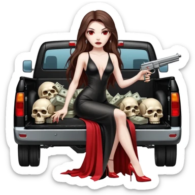Lilith symbol red eye seductress evil long brown haired sexy succubus woman with leather long dress with slit on, sitting in Big Large F350 pickup truck. Platform long high heels on feet. Back seat full of stacks of cash, she is  Holding a man dead human skull of her enemies and a gun in other hand sticker