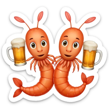Design a trendy emoji-style illustration of two shrimp peeking from behind text, only half of their bodies visible, curious and playful expressions.
One shrimp holding a beer mug, the other pointing forward.
 sticker