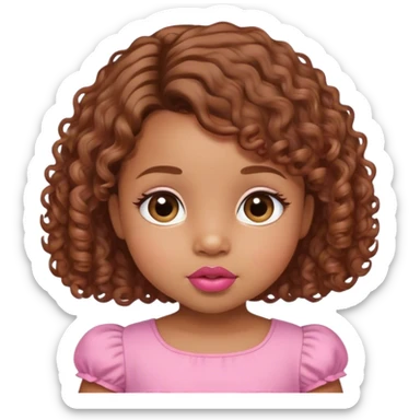 light brown skin tone, very adorable toddler, with big plump lips, long long lashes, brown curly bob, brown eyes, pink dress sticker