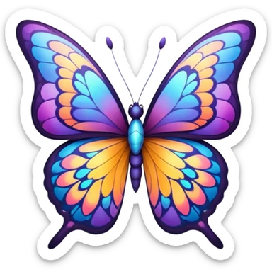 Cinematic Elegant Butterfly Portrait Emoji, Poised and ethereal, with delicate, intricately patterned wings in a kaleidoscope of soft, vibrant colors, a slender, graceful body, and gentle, observant eyes, Simplified yet exquisitely delicate features, highly detailed, glowing with a soft, radiant luminescence, high shine, intelligent and enchanting, stylized with an air of whimsical floral elegance, focused and poised, soft glowing outline, capturing the essence of a watchful butterfly that appears ready to flutter out of the screen with magical grace! sticker