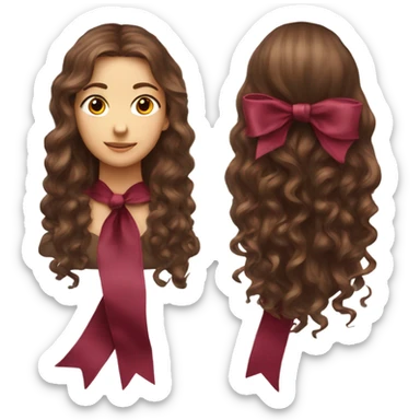 “A back photo of a girl's head with long, gently curly brown hair, wearing a large burgundy ribbon on her hair, and appears only from behind without seeing the face or front details.” sticker