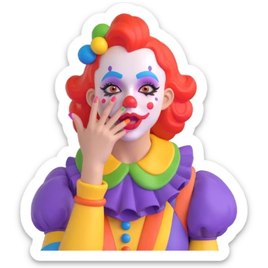 clown girl with her hand cupped near her mouth, whispering a secret, colorful makeup, lively and expressive sticker