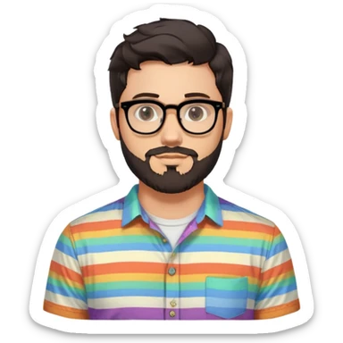 a 30-year-old man with light skin, medium solid build, wide face, soft cheeks, rounded jawline, neutral relaxed expression, short dense full beard, wavy voluminous brown-black hair at the front, large rectangular black thick frame glasses, colorful button-up shirt open showing white t-shirt sticker