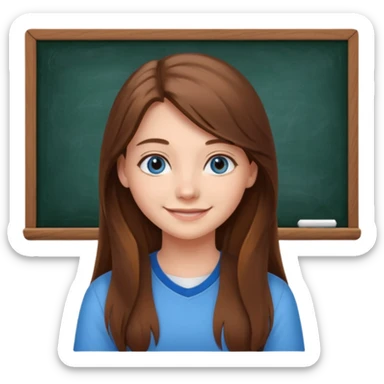 high school class room with a pretty female high school student with long brown hair, blue eyes sitting in front of the blackboard sticker