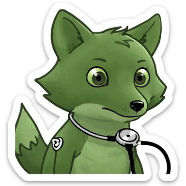 Add a stethoscope or pill bottle to the baby fox, referencing pharmacology, in the bufo frog meme style, with no background. sticker