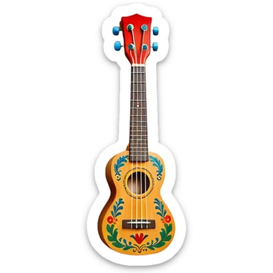 Create a vibrant and artistic emoji representing a ukulele with a Mexican design. The ukulele should feature a bright, colorful body with traditional Mexican patterns, such as geometric shapes, floral motifs, or colorful stripes. Use rich, warm tones like red, yellow, green, and blue to give the instrument a lively, festive look. Highlight the wood grain of the ukulele’s neck and fingerboard, and add subtle details like decorative inlays or a small Mexican flag symbol on the body. The strings should be clearly visible, and the instrument should be in a slightly angled position to showcase its unique design. The background should be transparent. sticker