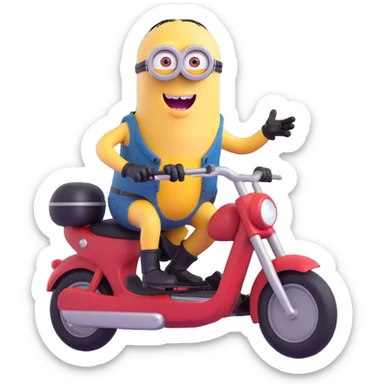 a single minion riding a small motorcycle, looking excited sticker