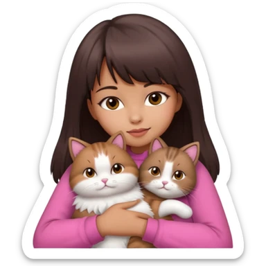 beautiful woman with dark brown straight hair and bangs, brown eyes wear a pink clothes and hugs a cute chubby cat sticker