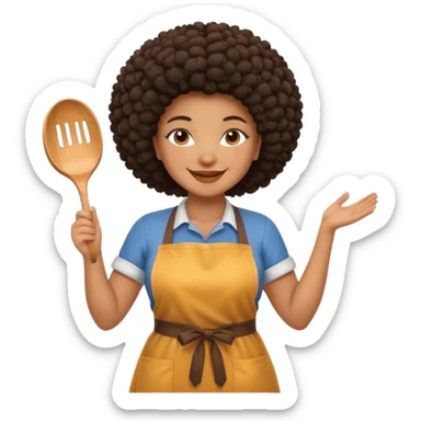 Mujer curvy afro, con vestimenta cómoda y delantal, con sonrisa contagiosa y dando la bienvenida  sticker