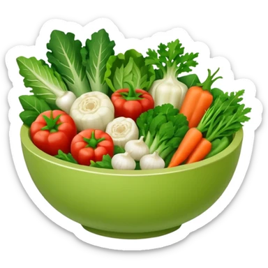Healthy home cooking humanless avatar in clean style vibrant illustration. Fresh vegetables bowl, green tones, simple shapes, flat design, friendly and light. sticker