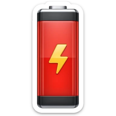 iPhone-style emoji of a battery that is almost empty, with a small red bar at the end indicating low energy. Clean, minimal, glossy look, transparent background. sticker
