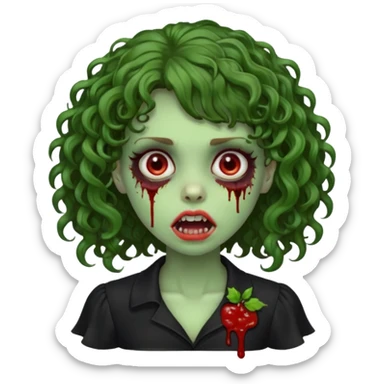 Green zombie emoji girl with curly Brown hair, with curly bangs, wearing a black bluse, blood Just in the tongue  sticker