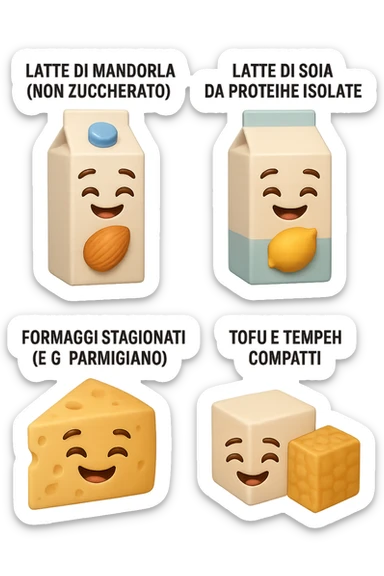 emoji stile iphone 3d di Latte e yogurt delattosati in italiano
Latte di mandorla (non zuccherato)
Latte di soia da proteine isolate
Formaggi stagionati (es. parmigiano)
Tofu compatto e tempeh
 che fluttuano in aria, iperealistico 4k sticker