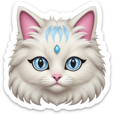 Neva masquerade cat, very fluffy, gray and white, with pale blue eyes and pink nose sticker