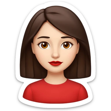 A woman emoji with fair skin, slightly wavy dark brown hair parted in the middle, an oval-shaped face, arched dark eyebrows, almond-shaped brown eyes, a small straight nose, and red lips. sticker