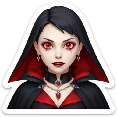 vampire village woman portrait, head and shoulders only, dark gothic cloak collar, sharp fangs, red glowing eyes, elegant yet eerie expression, subtle jewelry, 3D cartoon, mobile game icon style, clean background, no text, no watermark

 sticker