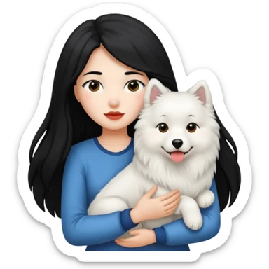A girl with black long hair holding a Samoyed sticker