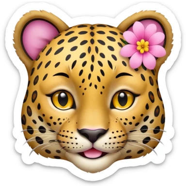 A leopard with peaceful smile, A pink flower with a yellow center is tucked behind its right ear
 sticker