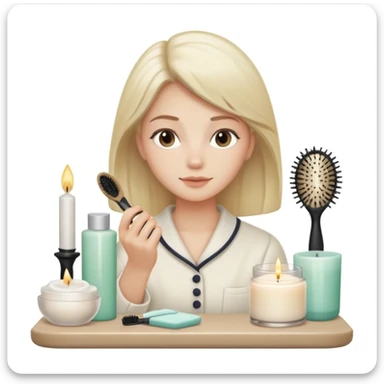 clean girl aesthetic emoji, tidy vanity with skincare products, candle, hairbrush, soft lighting, neutral tones sticker