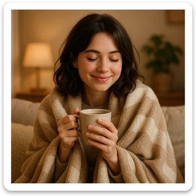 adorable brunette girl snuggled in a blanket, sipping coffee, relaxed and happy expression sticker