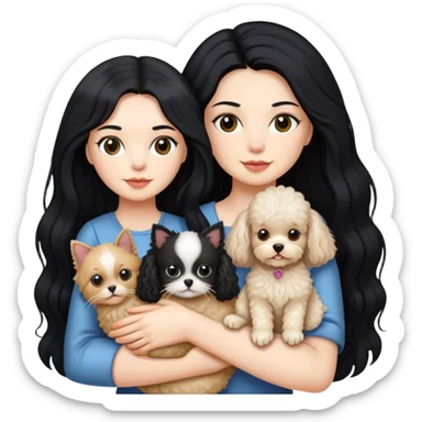 Lady with long black hair, holding 2 animals -a Ragdoll cat and a small poodle dog sticker