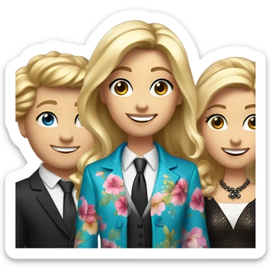 Make a picture of a blond girl in a flower silke dress that revives a oscar , she has a ski jacket top and medium length blind hair, blue eyes, behind her stands two brown hair waiters in white shirts, black wests, black ties and they are happy sticker