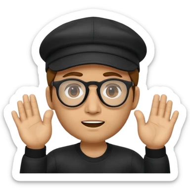 el Memoji es un personaje masculino con cabello castaño, gafas y una gorra blanca. Tiene la mano levantada como si estuviera diciendo "stop" o "espera". sticker