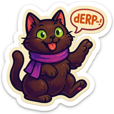 Fluffy cute playful silly smiling happy dark-brown cat with green eyes and a purple scarf saying ‘dErP~!’ (With a speech bubble) sticker