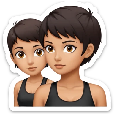 Beautiful girl tan skin dark brown eyes dark hair pixie hair cut wear black sports bra  sticker