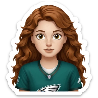 White girl with long brown wavy hair and freckles wearring a Philadelphia eagles jersey sticker