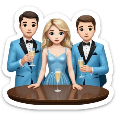 Sabrina’s carpenter in a light blue sparkly dress at a table with 3 handsome men facing each other and she is standing up putting her hand out. There are drinks on the table  sticker