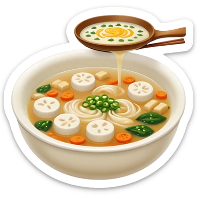 Make an emoji of tteokguk, a traditional Korean food. Okay, take the eggs out of that picture and put rice cakes in it. Make the soup white sticker