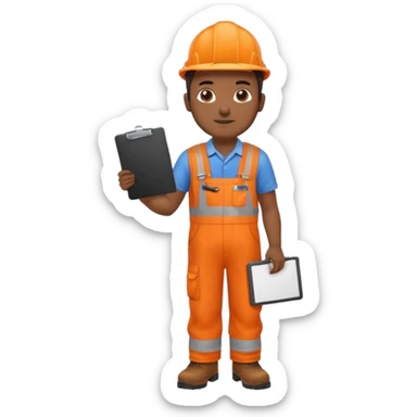 Indian male railway engineer orange overalls, boots holding a clipboard in one hand sticker