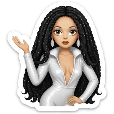 Diana Ross with long jet black hair, white sequin outfit sticker