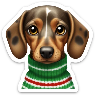 Speckled dachsund wearing a stripy Christmas jumper sticker