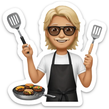 long hair man grilling wearing shade smiling in a white tshirt and a black apron grilling burger and meat on a sizzling grill sticker