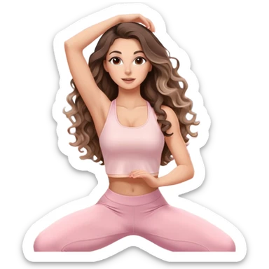 beautiful brunette with a light balayage white girl with nice defined and long curls , very long hair, clean girl makeup STRETCHING HER BODY IN LIGHT PINK GYM sticker