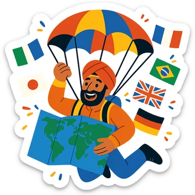 A delighted tourist from cultural descent, parachuting with a world map, current artistic style, bright and vibrant colors, various flags, detailed and animated. sticker
