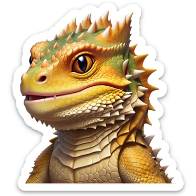 Cinematic Noble Bearded Dragon Portrait Emoji, Poised and regal, with a robust, angular build and a textured, scaled hide in earthy olive and sandy tones, a prominent spiky 'beard' beneath its chin and a keen, alert gaze, Simplified yet sharp and sophisticated features, highly detailed, glowing with a soft, dignified glow, high shine, intelligent and fierce, stylized with an air of desert majesty, focused and attentive, soft glowing outline, capturing the essence of a watchful and commanding reptile, so majestic it feels as though it could scuttle out of the screen with effortless authority! sticker