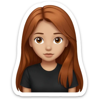 Medium copper brown long hair girl with dark brown eyes wearing a black tee sticker