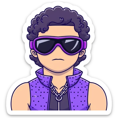 male athlete with white skin and moderately curly black hair on top with shaved sides, wearing ski goggles with purple frames and very dark black lenses, a simple plain black chain necklace, and a completely unzipped shiny vest with purple and black sequin fire pattern design, fully revealing his chest and abs, no earrings sticker