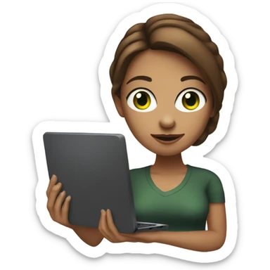 Web designer carrying a pc in her hands. white woman with medium-length brown hair, green eyes and freckles on her nose. sticker