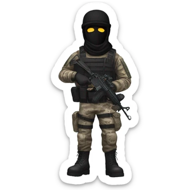 male, pale skin, call of duty black face mask, camo tactical gear, combat boots, black beanie, blue eyes sticker
