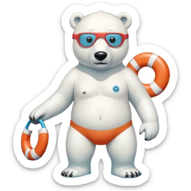 full body friendly anthropomorphised polar bear wearing swim shorts and swim goggles, standing in water, holding a life buoy sticker